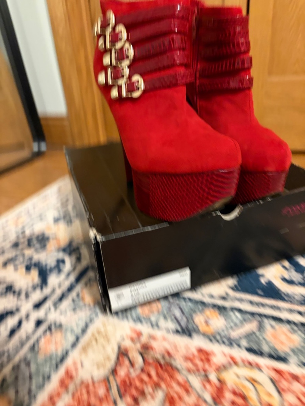 Shoe Dazzle Red Suede Platform Ankle Boots with Gold Buckles - Picture 8 of 8